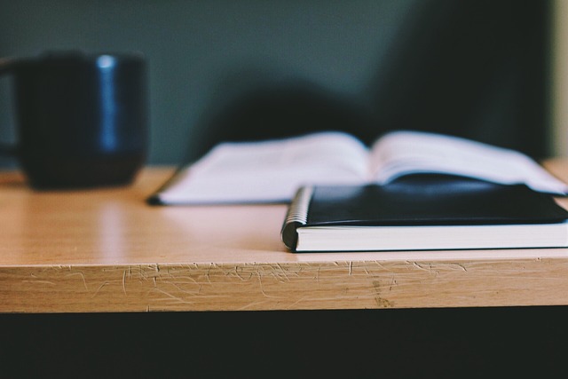 open journal and pen on a wooden table in soft light